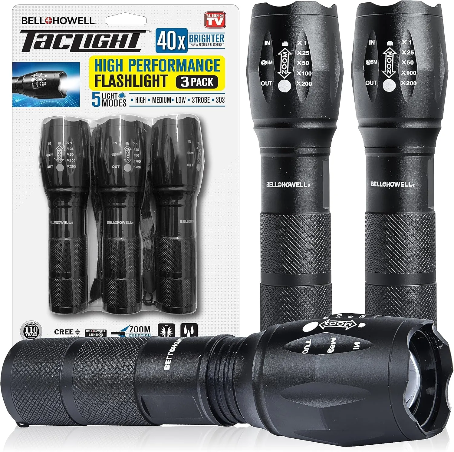 TacLight 3 Pk Tactical Flashlights High Lumens, Super Bright Led Flashlights, Zoomable Heavy Duty Waterproof Flash Lights Battery Powered Small Flashlights for Emergencies/Camping AS SEEN ON TV…