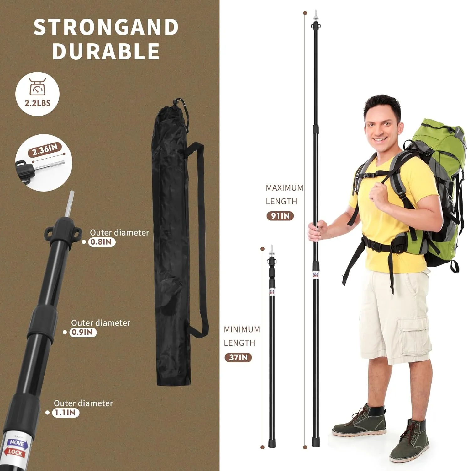Tarp Poles, Telescoping Tent Poles, Ultra-Lightweight Portable Aluminum Sun Shade Poles That Extends Up to 7'6",Suitable for Camping, Tent, Awning, Beach Shelter(2 PCS)