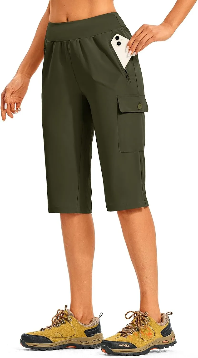 TBMPOY Womens 15" Long Hiking Shorts Below Knee Length Cargo Capri Bermuda Water Resistant Lightweight Stretch 3 Pockets