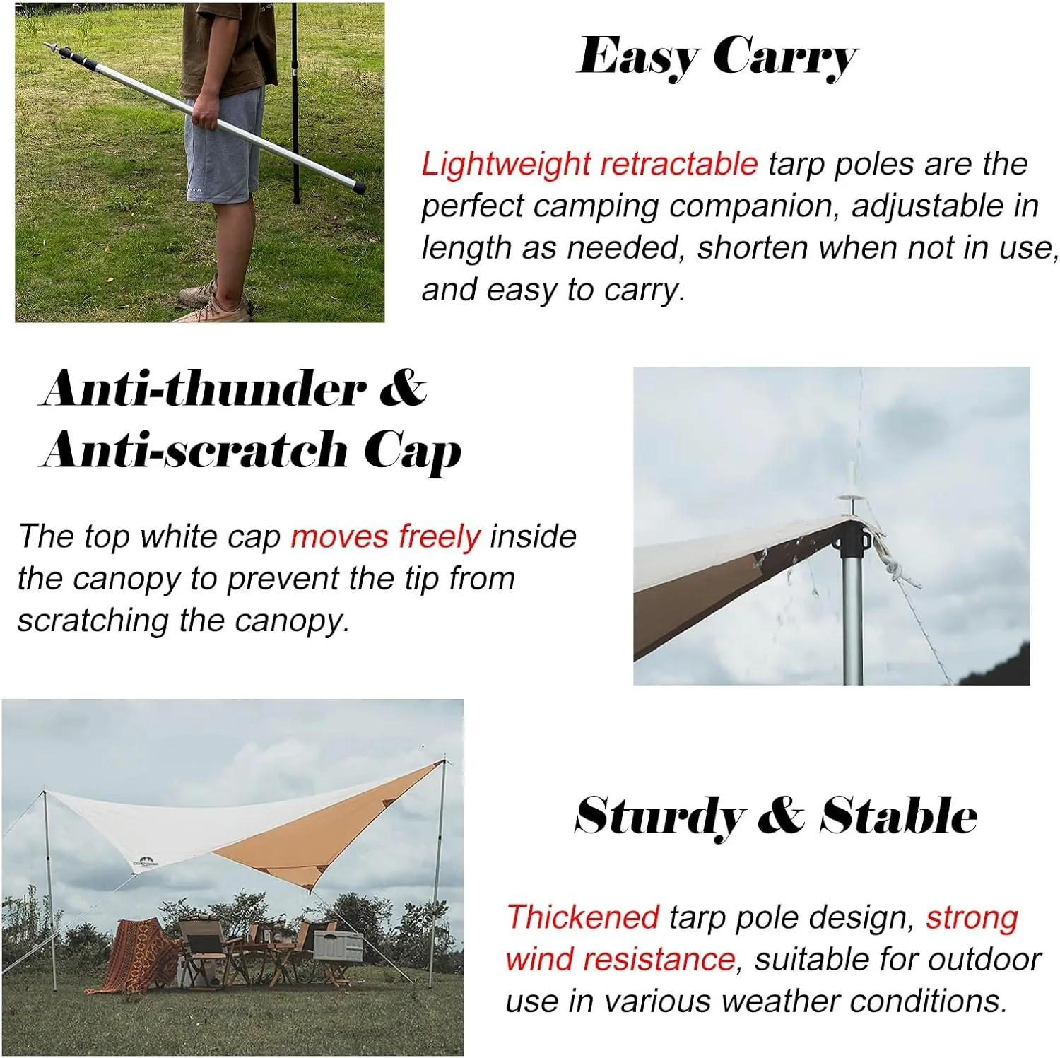 Telescoping 37.8-92.5 in Awning Poles, Silver Aluminum Alloy Tarp Poles for Outdoor Camping, Lightweight Tent Poles with Non-Slip Silicone Feet Covers(Set of 2)