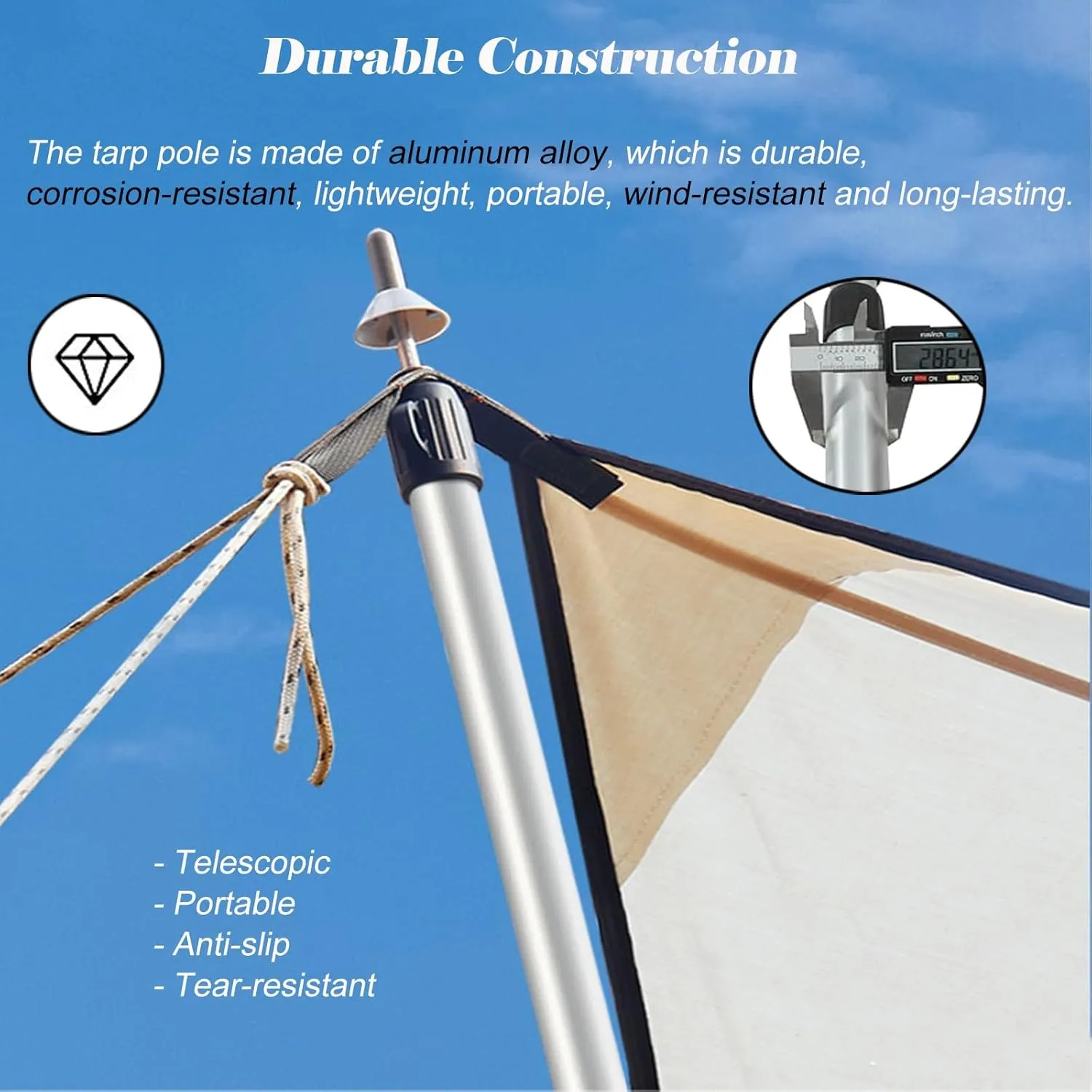 Telescoping 37.8-92.5 in Awning Poles, Silver Aluminum Alloy Tarp Poles for Outdoor Camping, Lightweight Tent Poles with Non-Slip Silicone Feet Covers(Set of 2)