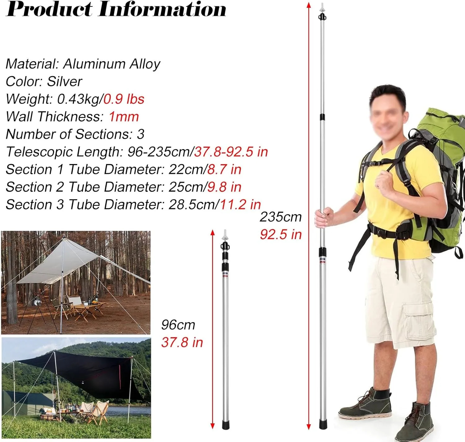 Telescoping 37.8-92.5 in Awning Poles, Silver Aluminum Alloy Tarp Poles for Outdoor Camping, Lightweight Tent Poles with Non-Slip Silicone Feet Covers(Set of 2)