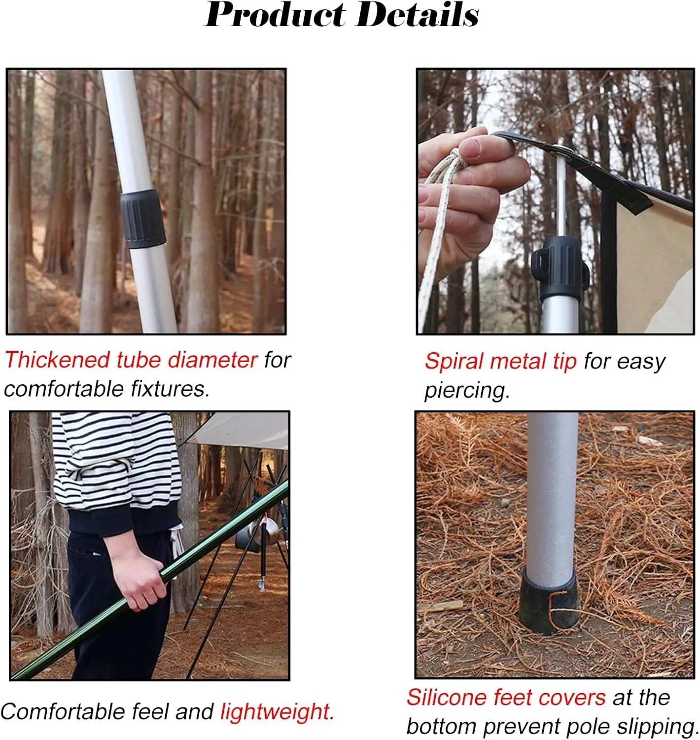 Telescoping 37.8-92.5 in Awning Poles, Silver Aluminum Alloy Tarp Poles for Outdoor Camping, Lightweight Tent Poles with Non-Slip Silicone Feet Covers(Set of 2)