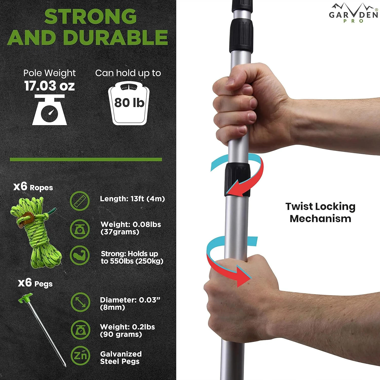 Telescoping Tarp Poles | Replacement Canopy Adjustable Aluminum Rods, Portable & Lightweight for Tent Fly, Awning, Outdoor Camping, Hiking, Backpacking & Rainfly   Pegs & Reflective Ropes
