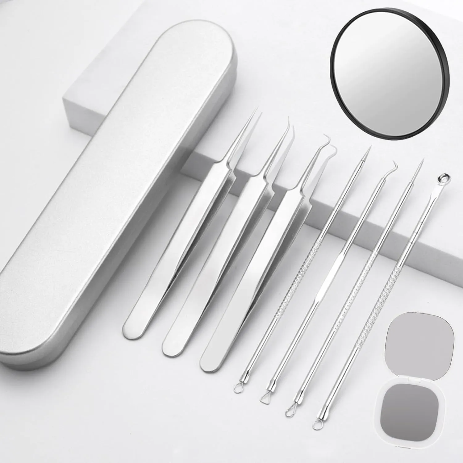 Ten-Piece Set Fecong Stainless Steel Blackhead Removal Kit, Fecong Stainless Steel Blackhead Removal Kit, Acssart Blackhead Remover, Equipped with 15x Magnifying Glass (8-Piece Set)