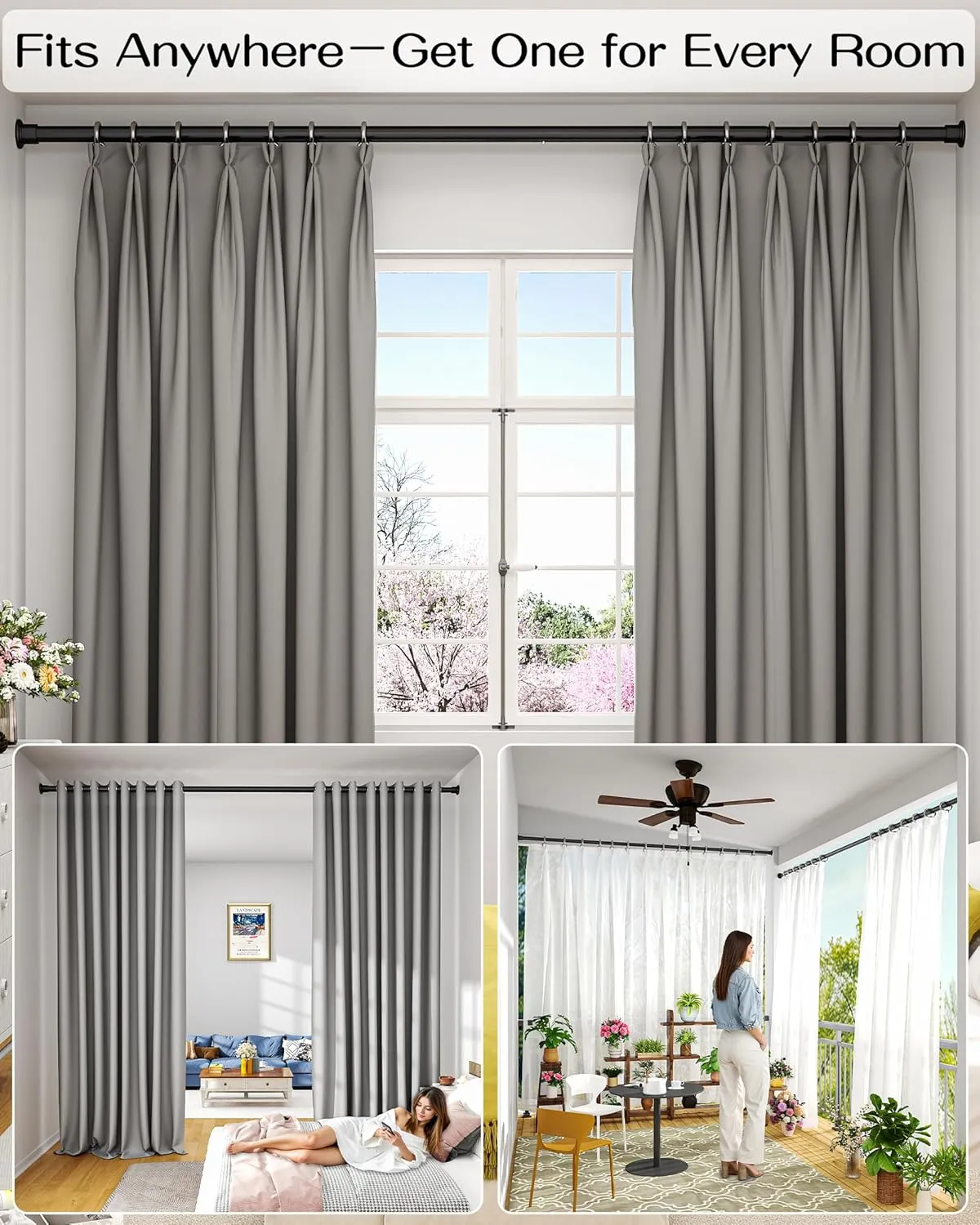 Tension Curtain Rod by EZFurni,42-123 Inches,Heavy Duty Tension Rods for Windows,No Drilling Adjustable Curtain Rod for Patio,Hold Up Blackout Curtains and Non Slip,Black