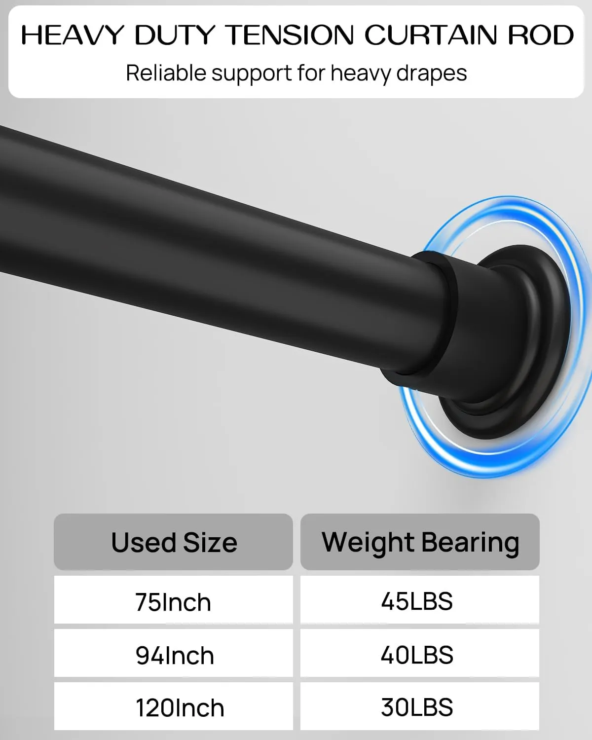Tension Curtain Rod by EZFurni,42-123 Inches,Heavy Duty Tension Rods for Windows,No Drilling Adjustable Curtain Rod for Patio,Hold Up Blackout Curtains and Non Slip,Black