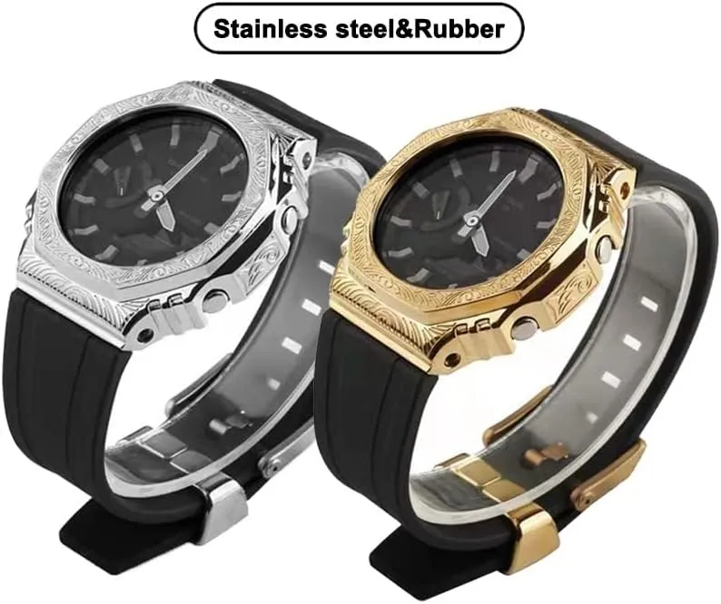 Third generation rubber strap carved stainless steel watch cover for GA2100 retrofit and upgrade DIY watch strap