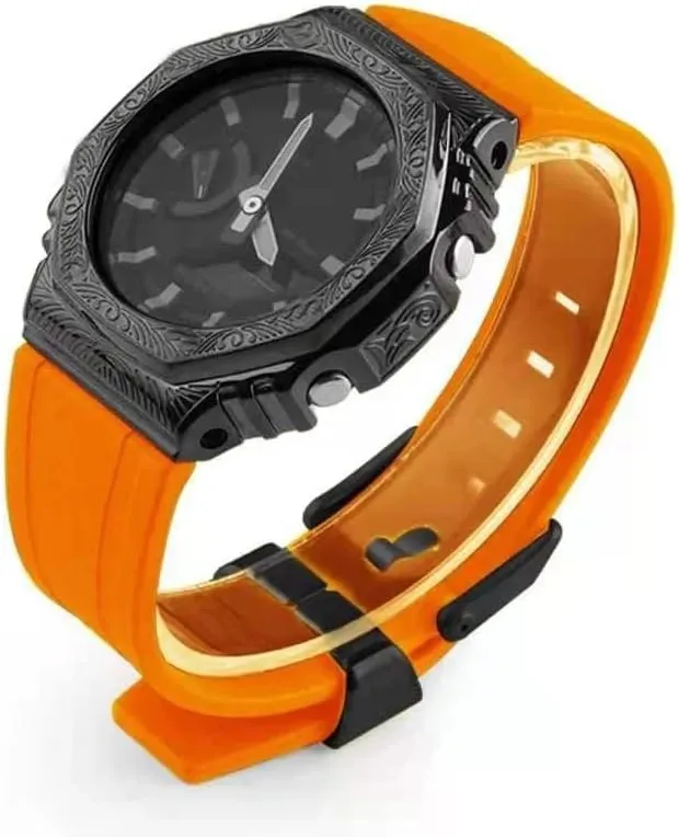 Third generation rubber strap carved stainless steel watch cover for GA2100 retrofit and upgrade DIY watch strap