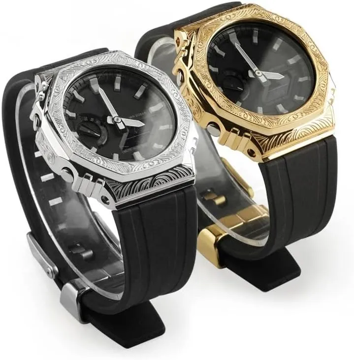Third generation rubber strap carved stainless steel watch cover for GA2100 retrofit and upgrade DIY watch strap