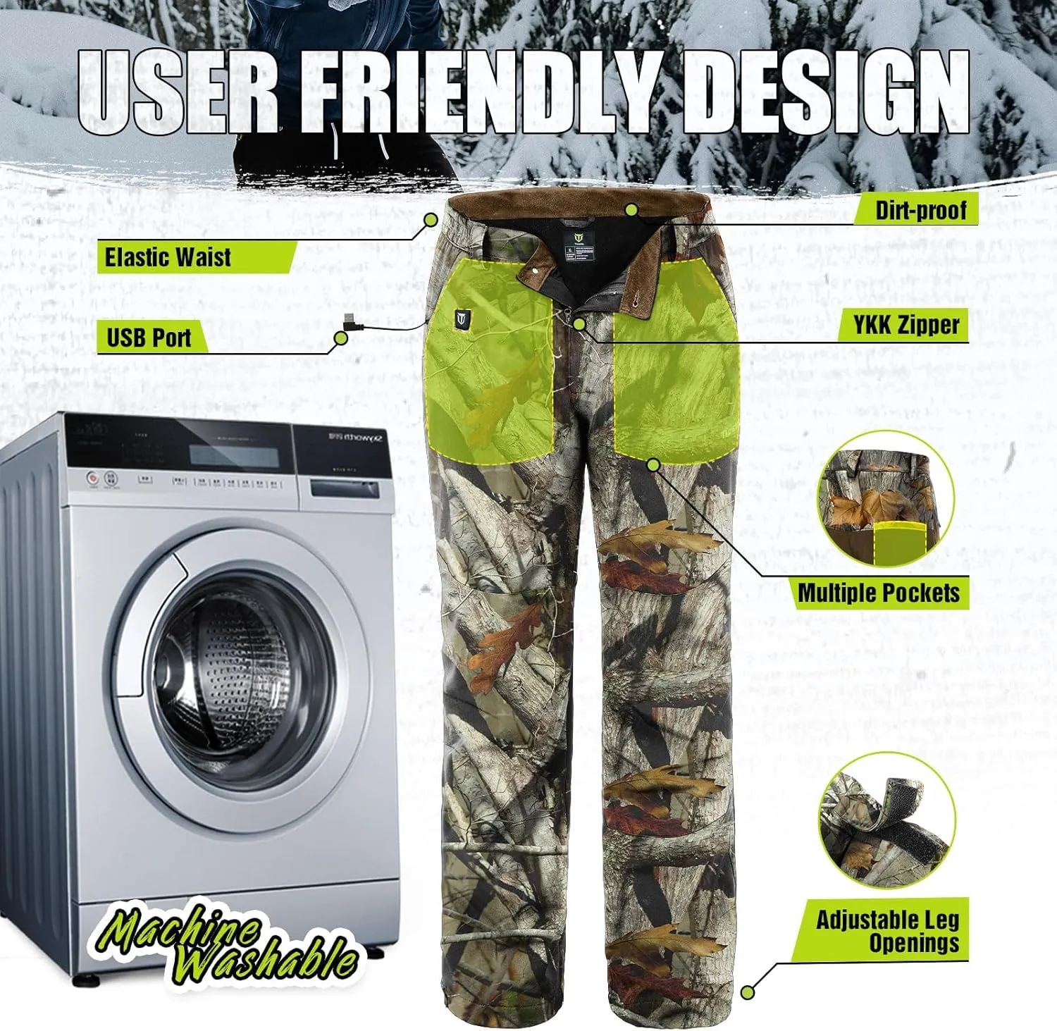 TIDEWE Hunting Pants Heated for Men with Battery Pack, Water Resistant Rechargeable Hiking Pants for Trekking Skiing Climbing
