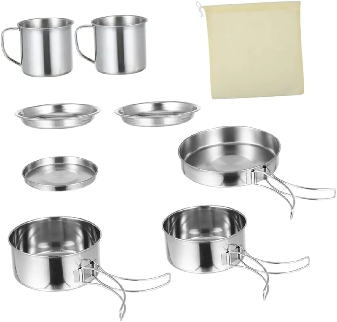 Titanium Camping Cookware Set 8-Piece Hiking BBQ Pot Bowls Compact Outdoor Cooking Kit for 5-6 People
