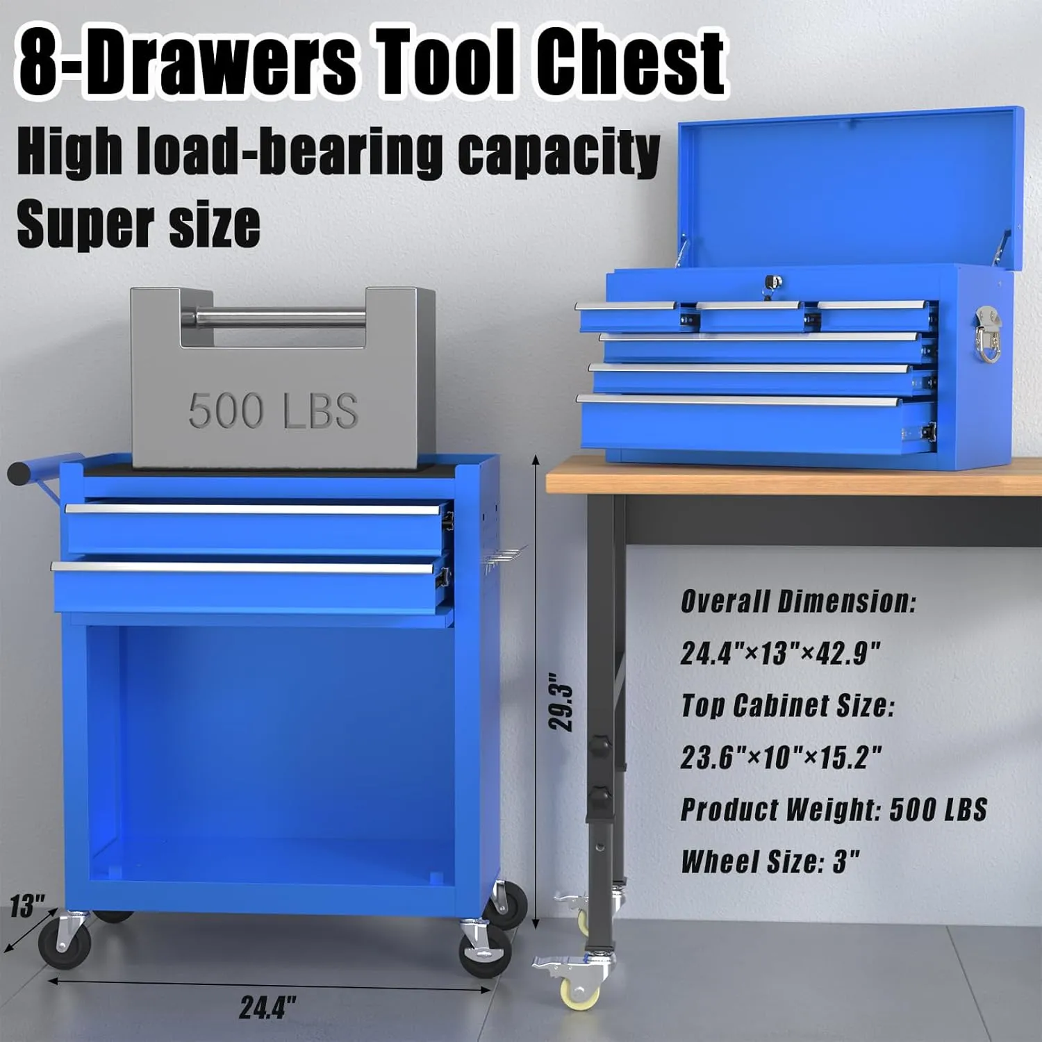 Tool Chest, 8-Drawer Rolling Tool Storage Cabinet with 2 in 1 Detachable Top Tool Box, Liner, Lockable Wheels, Side Hooks, Locking Mechanism, Metal Tool Cart for Garage (Blue)