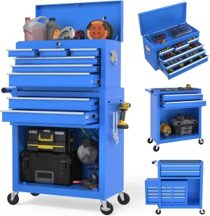 Tool Chest, 8-Drawer Rolling Tool Storage Cabinet with 2 in 1 Detachable Top Tool Box, Liner, Lockable Wheels, Side Hooks, Locking Mechanism, Metal Tool Cart for Garage (Blue)