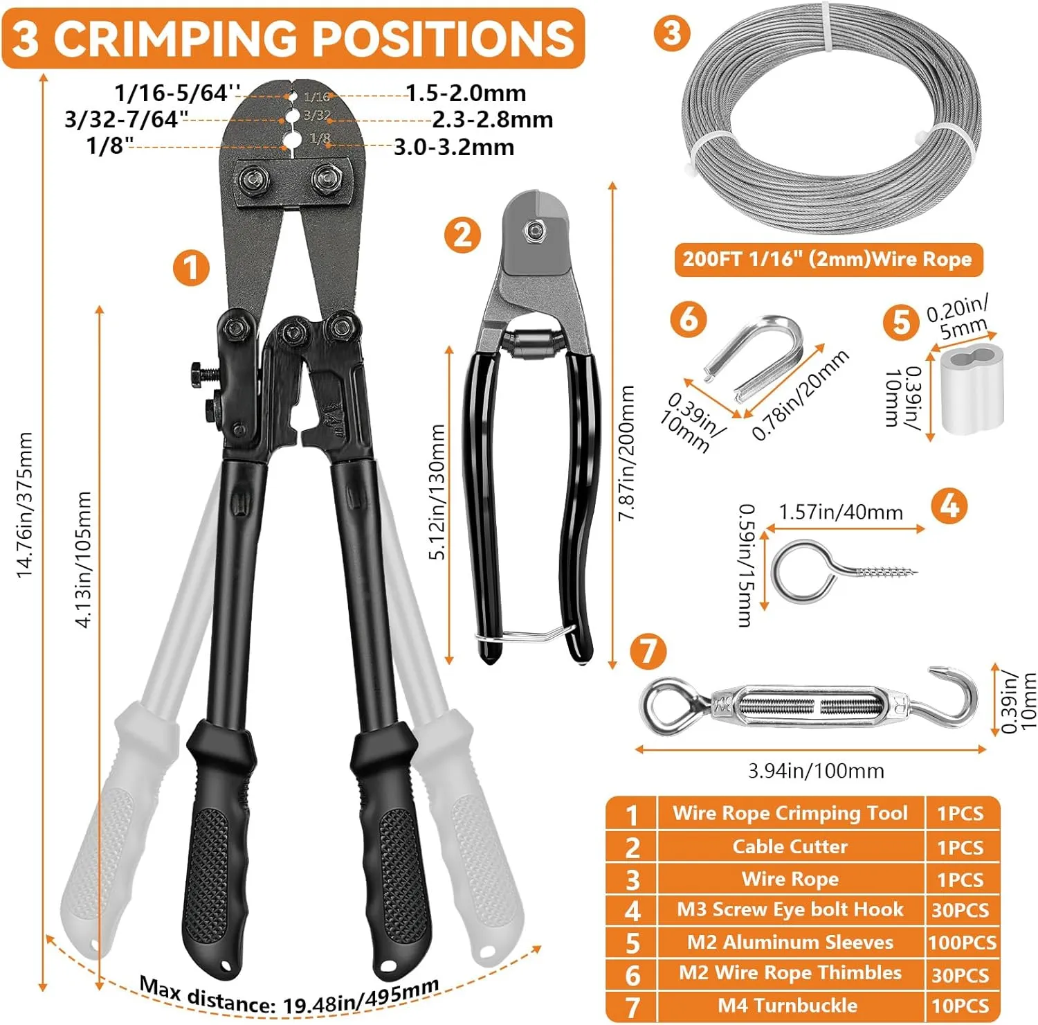 TooTaci 1/16" Wire Rope Kit, 200FT 1/16 Vinyl Coated Stainless Steel Cable with Wire Rope Crimping Tool Kit & Turnbuckle, Tension Cable for String Light Hanging, Garden Trellis, Curtain