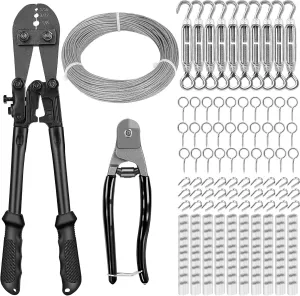 TooTaci 1/16" Wire Rope Kit, 200FT 1/16 Vinyl Coated Stainless Steel Cable with Wire Rope Crimping Tool Kit & Turnbuckle, Tension Cable for String Light Hanging, Garden Trellis, Curtain