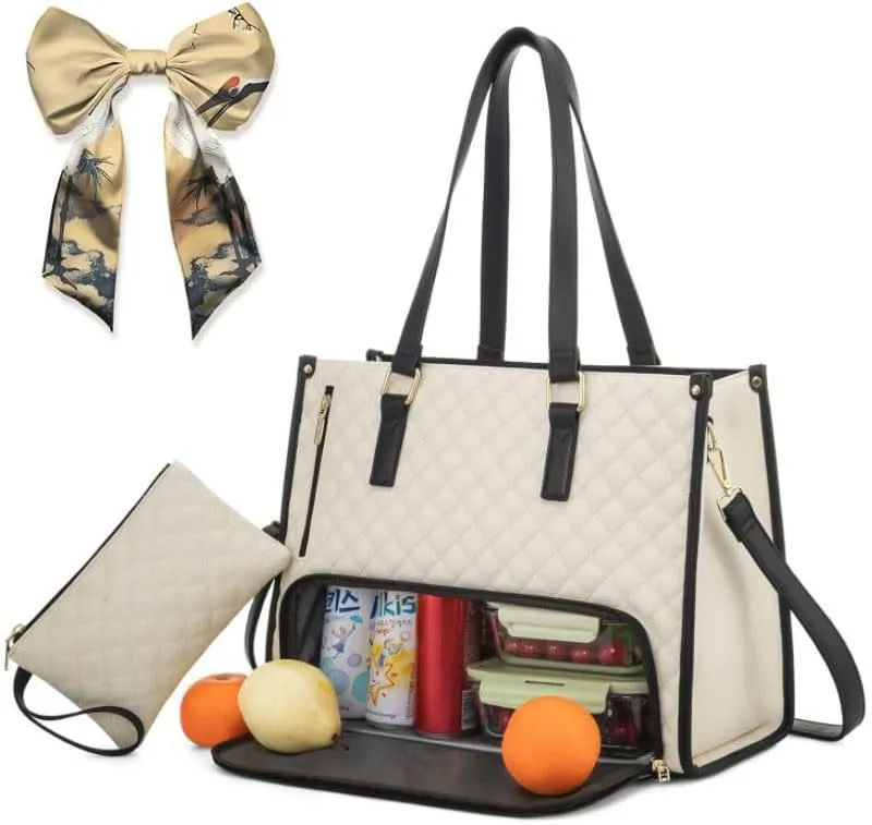 Tote Bag Lunch Bag Combo - 2-in-1 Laptop Bag with Lunch Compartment and Purse for Women