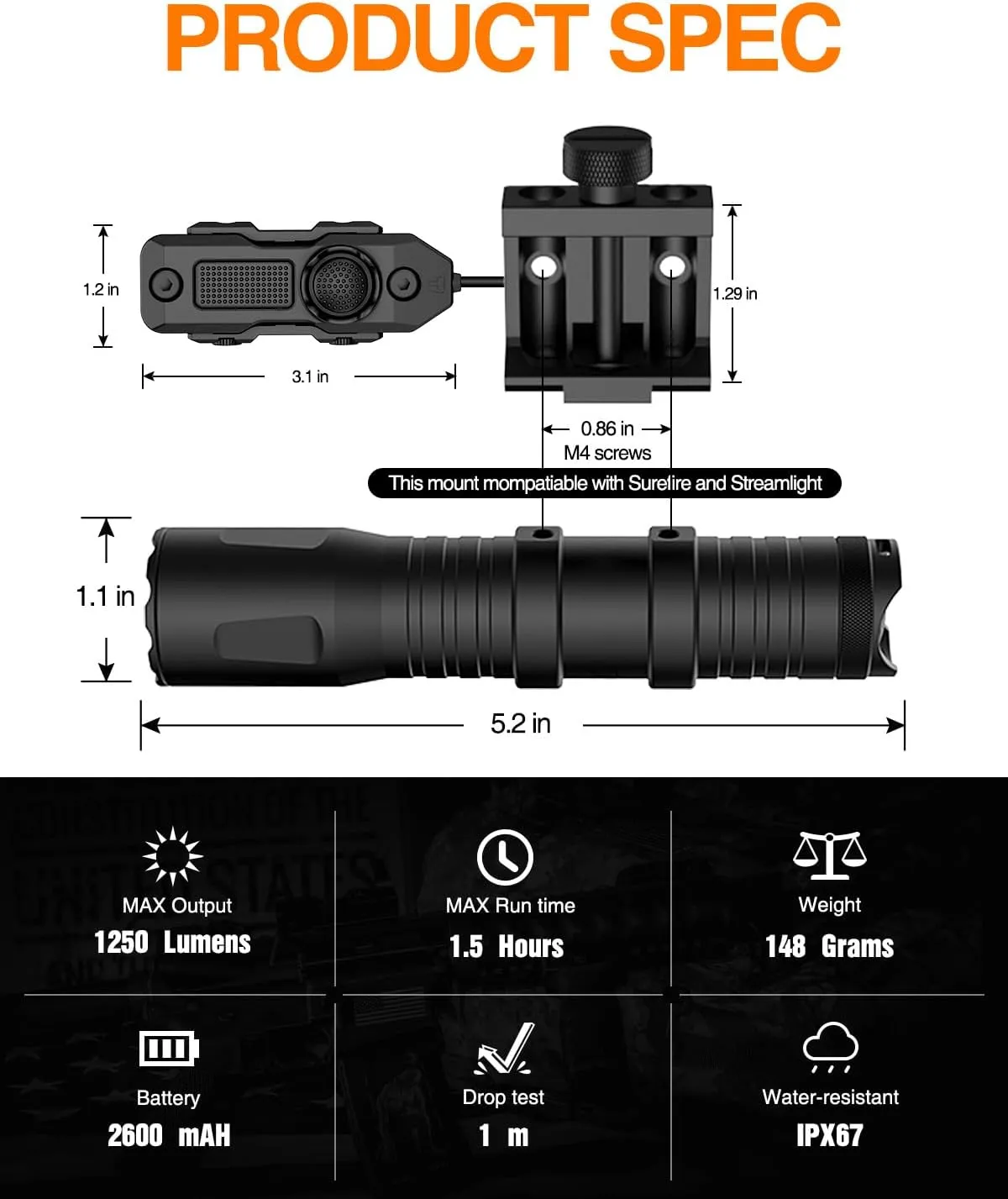 TOUGHSOUL Mlok Picatinny Tactical Flashlight 1250 Lumens, Rechargeable Flashlight with Remote Pressure Switch LED Light with Rechargeable Batteries and Charger Included (Picatinny Mounted)