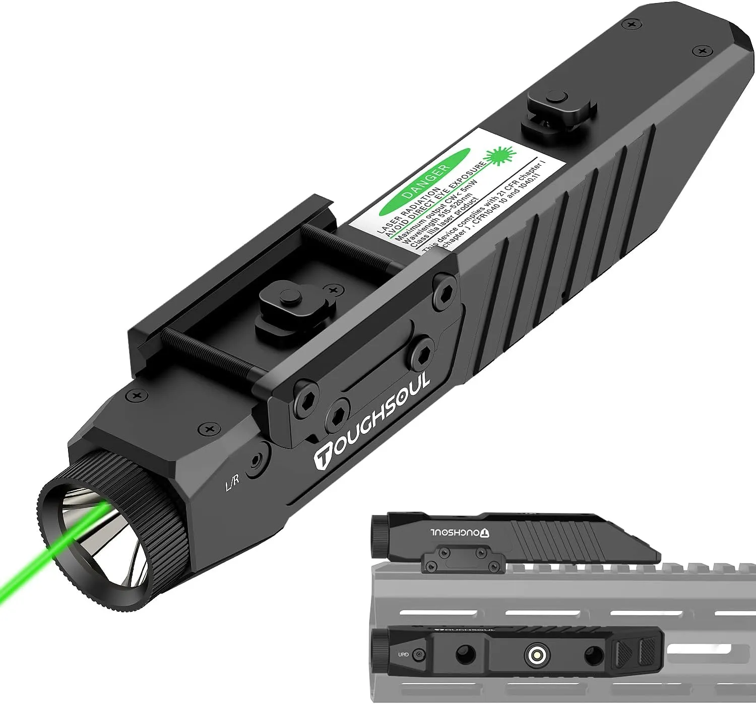 TOUGHSOUL Tactical Flashlight Green Red Laser Sight Combo, 1450 Lumen Picatinny Rail MLOK Mounted Rechargeable Rifle Flashlight (Green Laser)