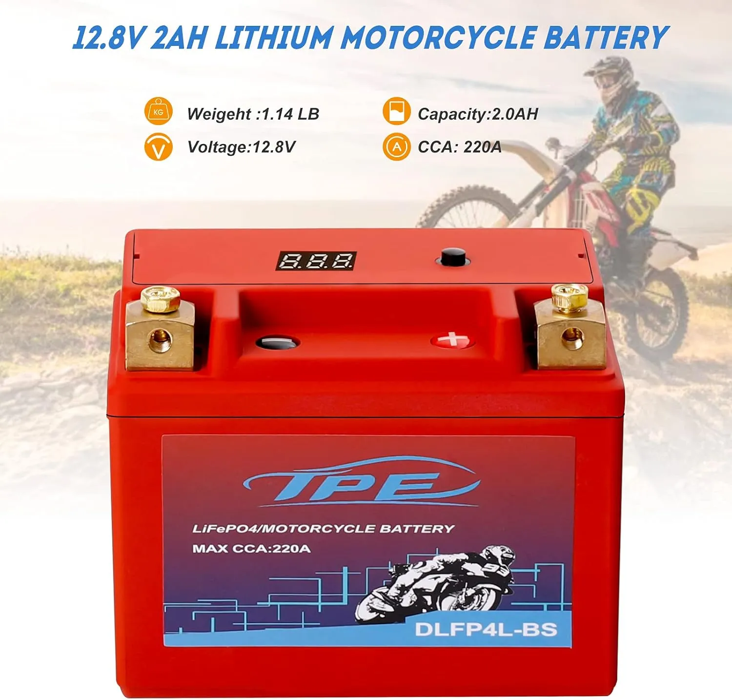 TPE Lithium Motorcycle Powersport Battery LiFePO4 Engine Start Battery 12.8V 2AH 220CCA with BMS (Smart Battery Management System) 2500-8000 Life Cycles