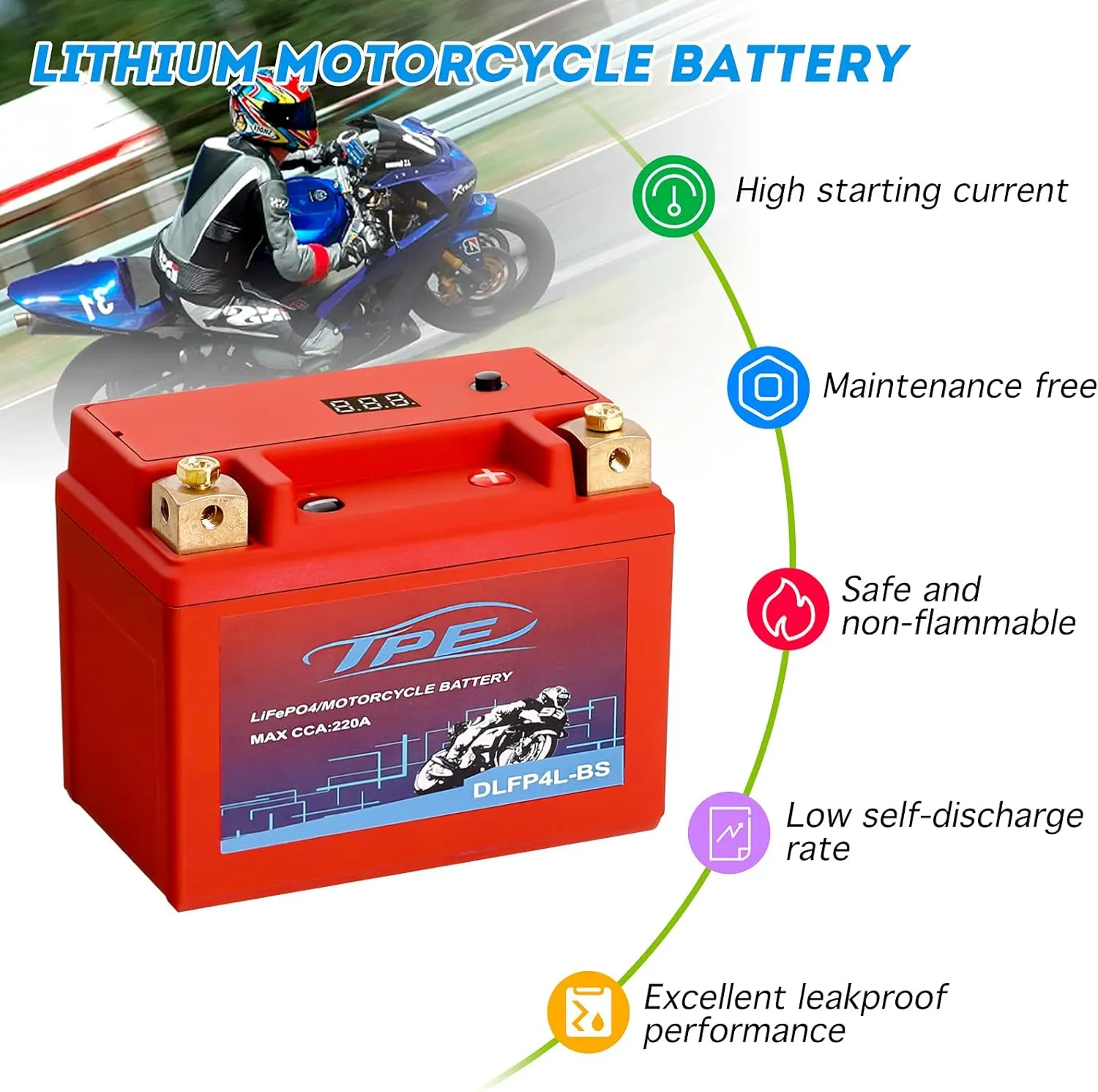 TPE Lithium Motorcycle Powersport Battery LiFePO4 Engine Start Battery 12.8V 2AH 220CCA with BMS (Smart Battery Management System) 2500-8000 Life Cycles