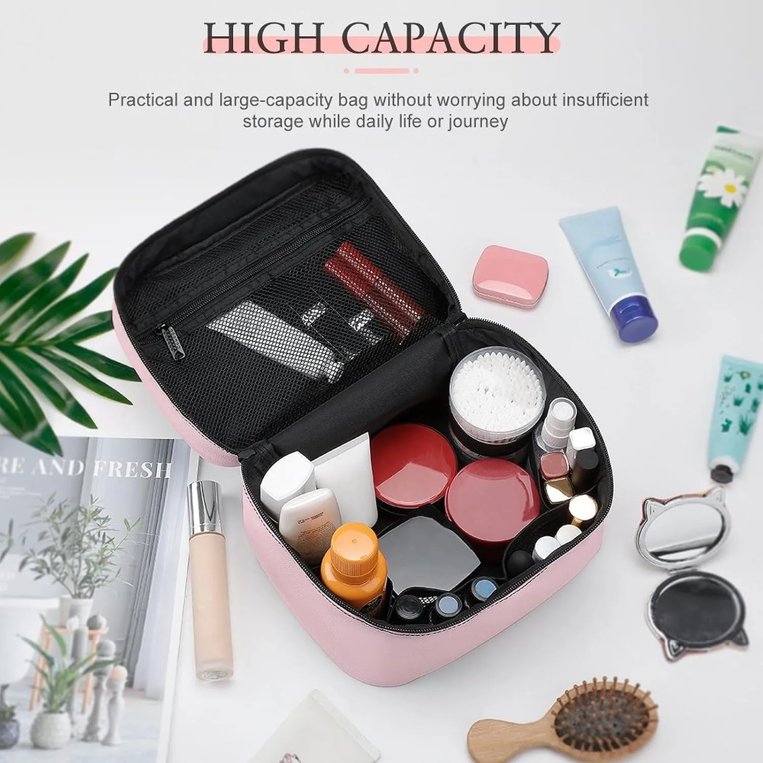 Travel Makeup Bag, Minimalist Basic Pink Cosmetic Bags for Women Large Capacity Waterproof Toiletry Bag Make up Organizer