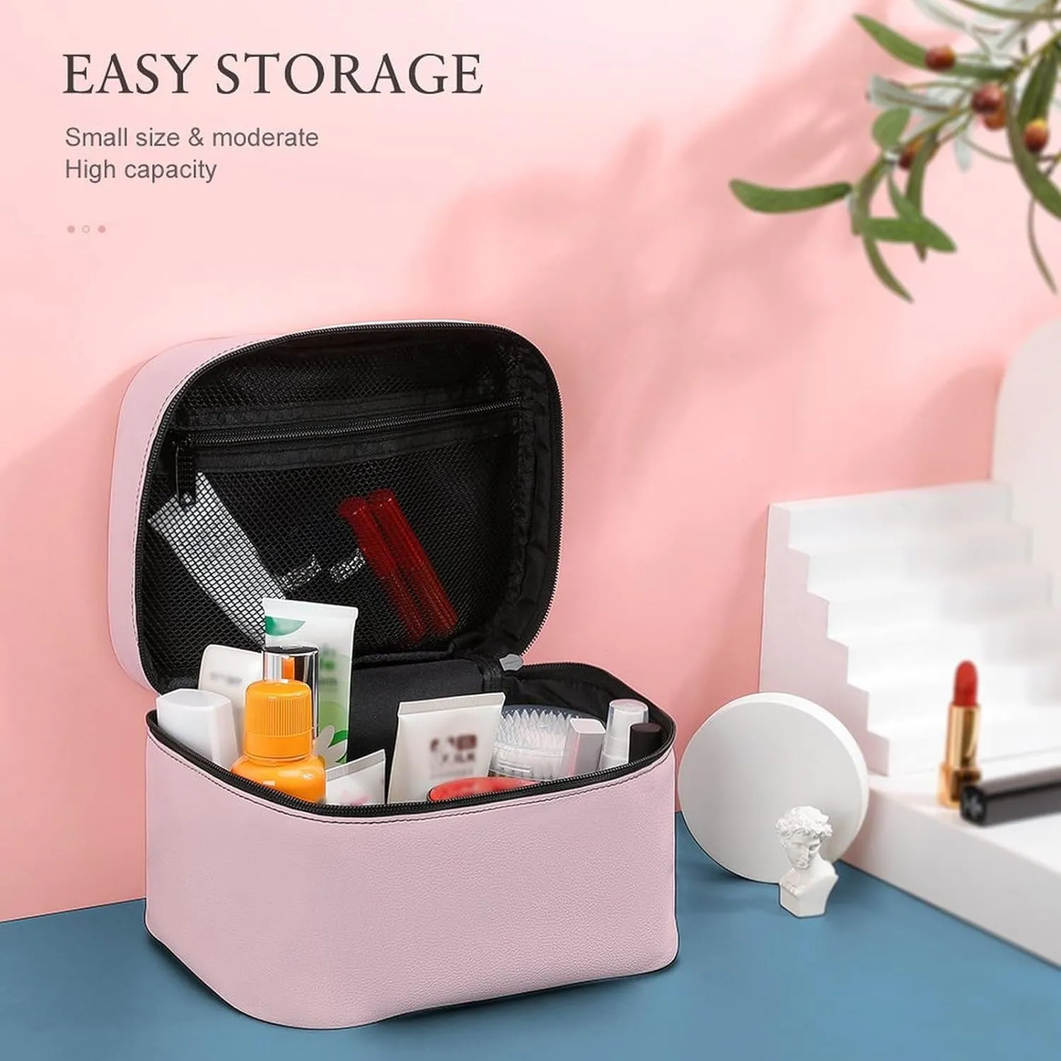 Travel Makeup Bag, Minimalist Basic Pink Cosmetic Bags for Women Large Capacity Waterproof Toiletry Bag Make up Organizer