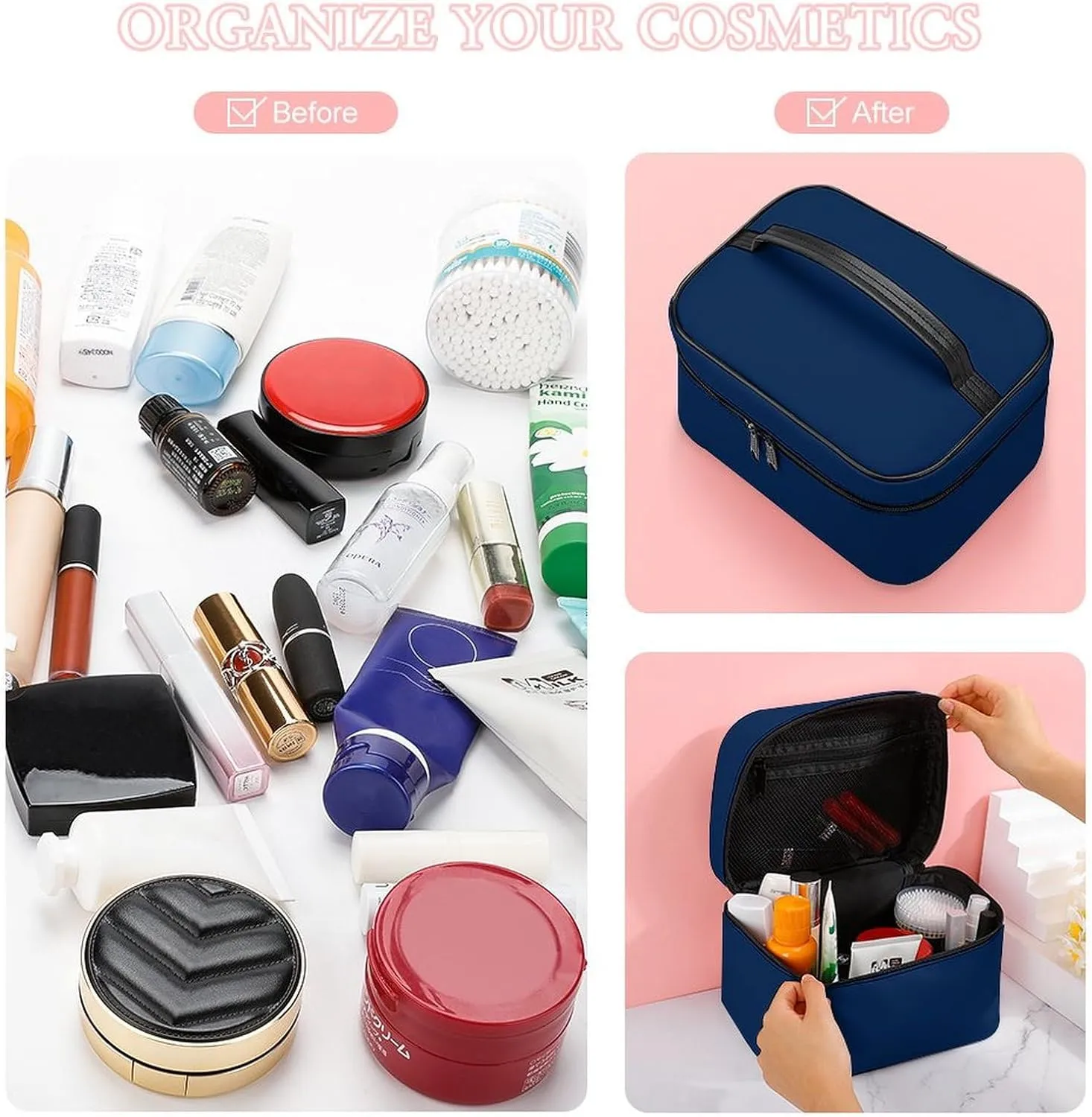 Travel Makeup Bag, Minimalist Navy Blue Solid Plain Simple Cosmetic Bags for Women Large Capacity Waterproof Toiletry Bag Make up Organizer