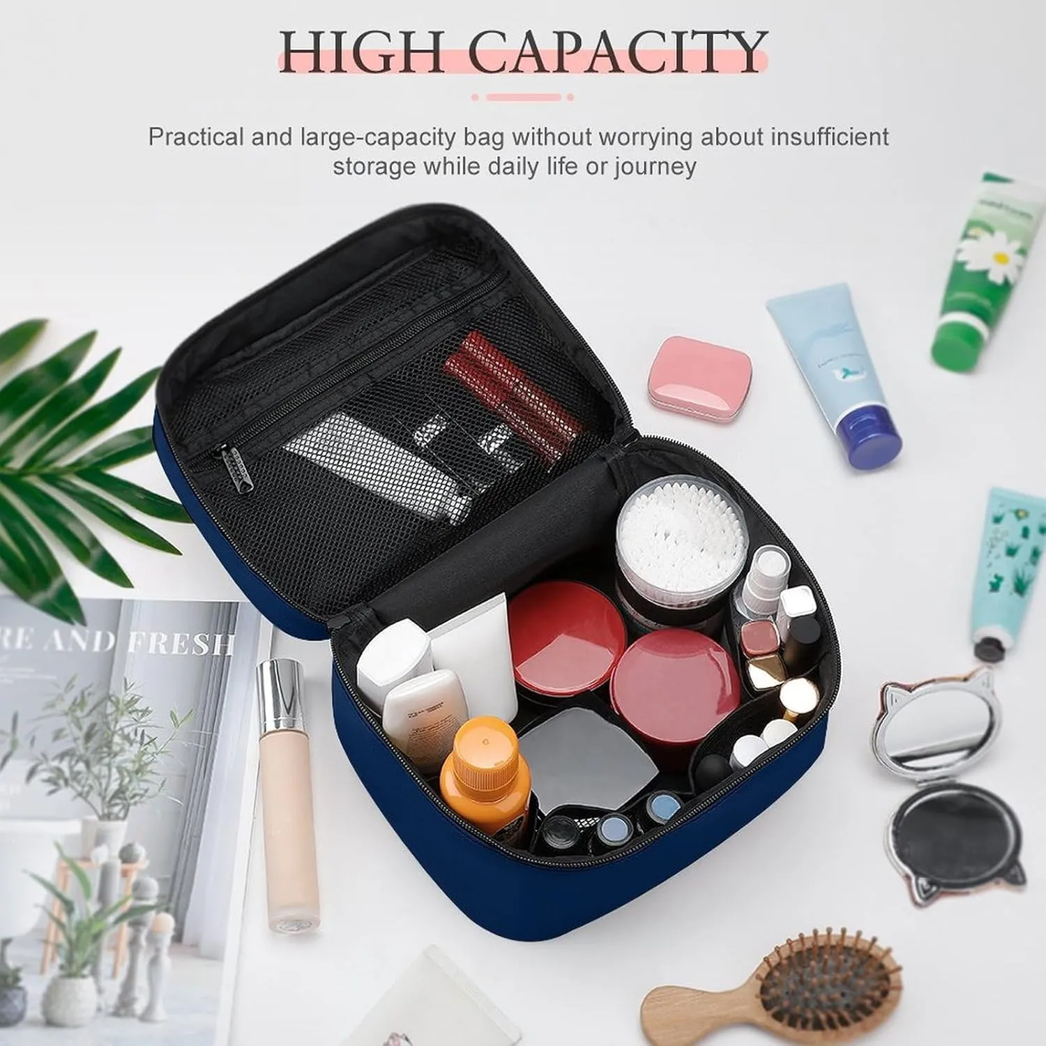 Travel Makeup Bag, Minimalist Navy Blue Solid Plain Simple Cosmetic Bags for Women Large Capacity Waterproof Toiletry Bag Make up Organizer