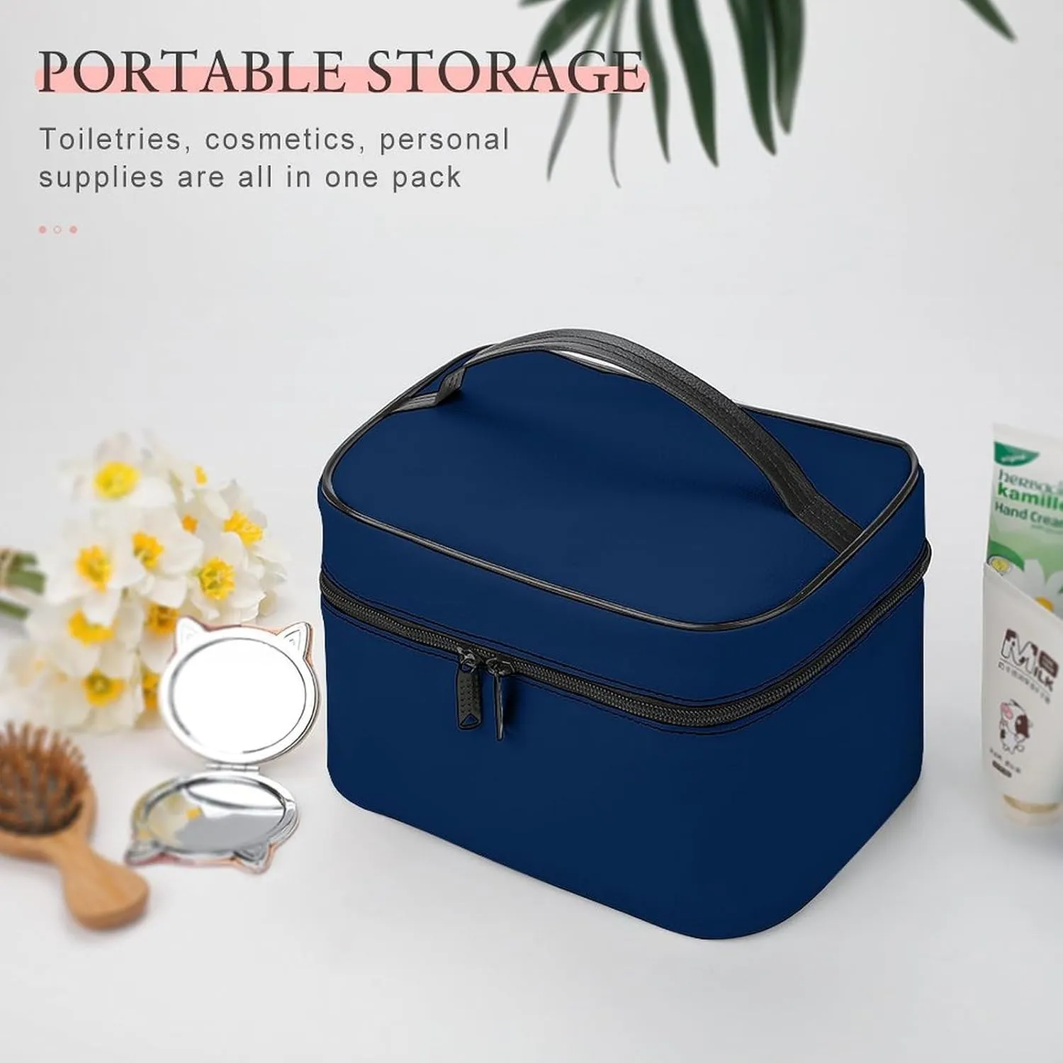 Travel Makeup Bag, Minimalist Navy Blue Solid Plain Simple Cosmetic Bags for Women Large Capacity Waterproof Toiletry Bag Make up Organizer