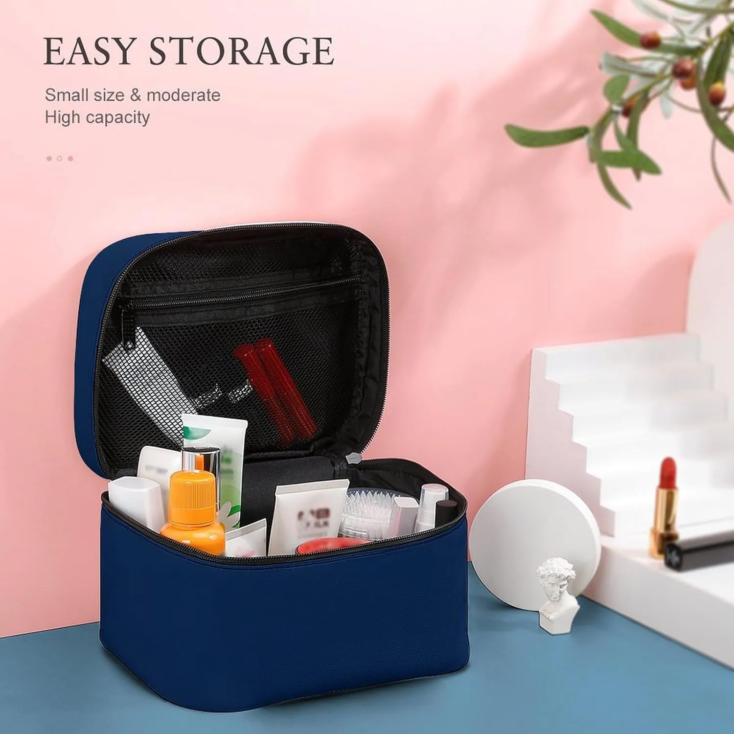 Travel Makeup Bag, Minimalist Navy Blue Solid Plain Simple Cosmetic Bags for Women Large Capacity Waterproof Toiletry Bag Make up Organizer