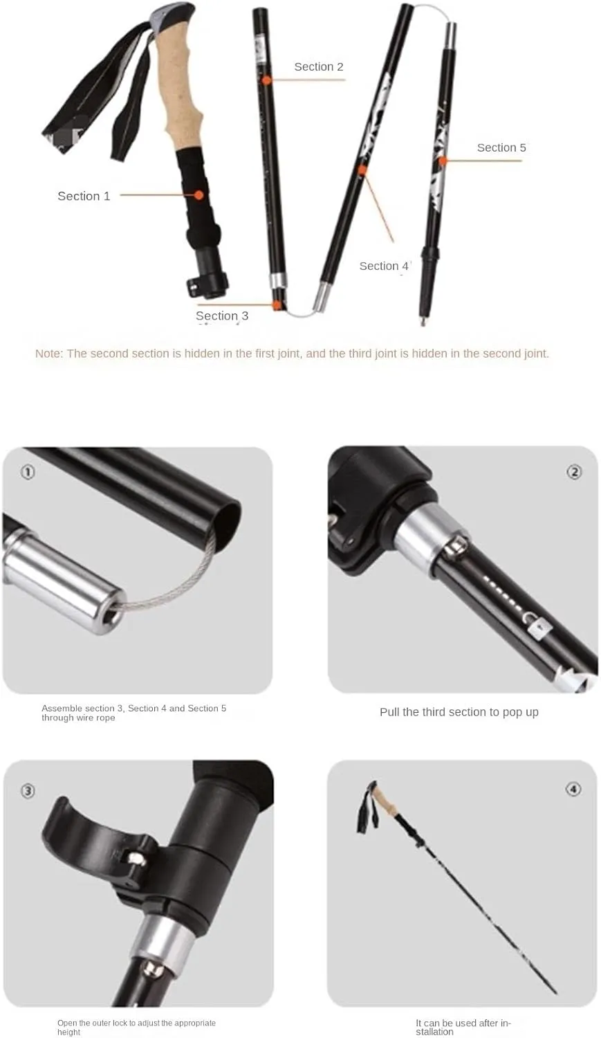 Travel Trekking Pole Adjustable Trekking Poles Ultralight Lightweight Aluminum Alloy Walking Hiking Stick Outdoor Activities(Black)