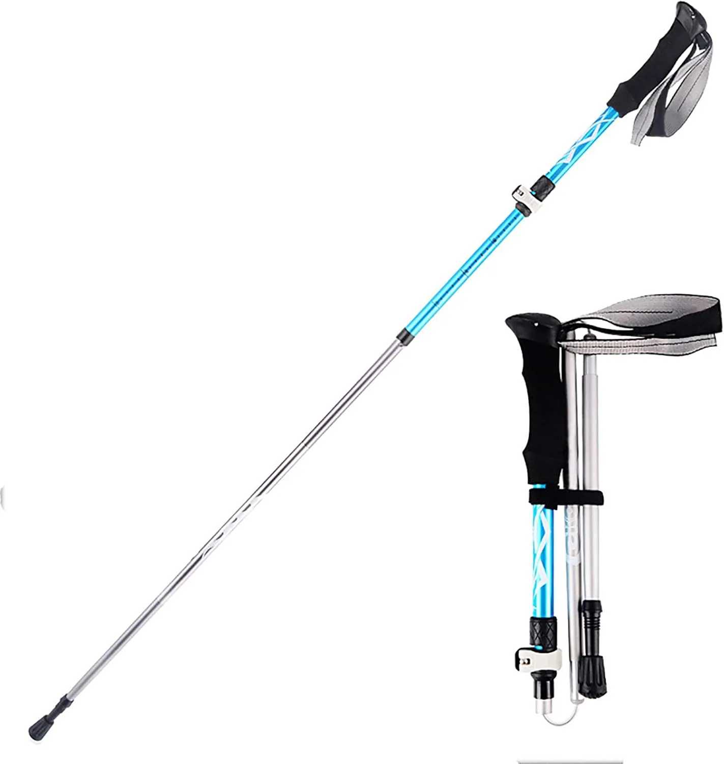 Trekking Hiking Poles 5 Sections Folding Aluminum Alloy Pole Lightweight Skiing Walking Sticks Collapsible Adjustable Anti-Sweat Cork Blue 110cm