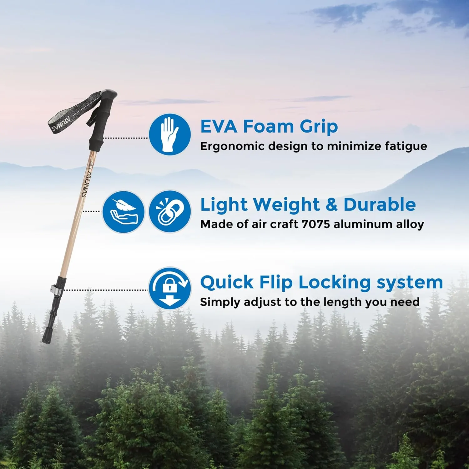 Trekking Poles, 2-Pack Lightweight Aluminum Collapsible Hiking Sticks with EVA Grip and Quick Lock for Men and Women