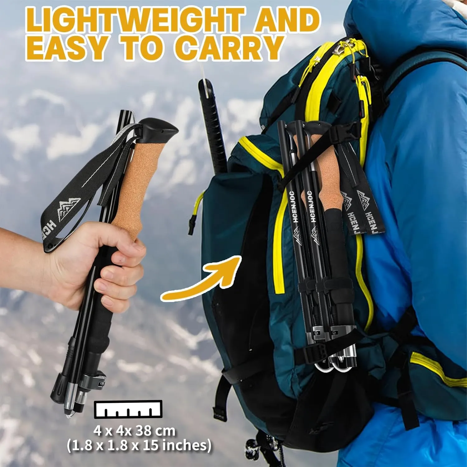 Trekking Poles Set of 2, Collapsible Cork Handle Aluminum Hiking Poles with Quick Lock System, Telescopic, Collapsible, Ultralight for Women Men, Hiking, Camping, Climbing