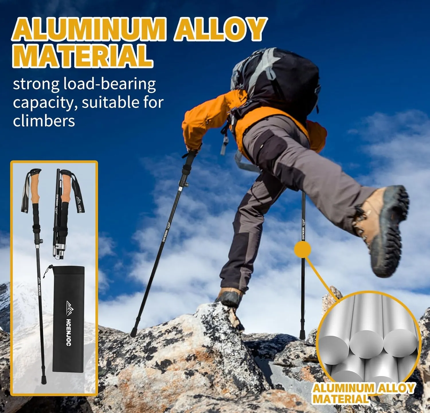 Trekking Poles Set of 2, Collapsible Cork Handle Aluminum Hiking Poles with Quick Lock System, Telescopic, Collapsible, Ultralight for Women Men, Hiking, Camping, Climbing