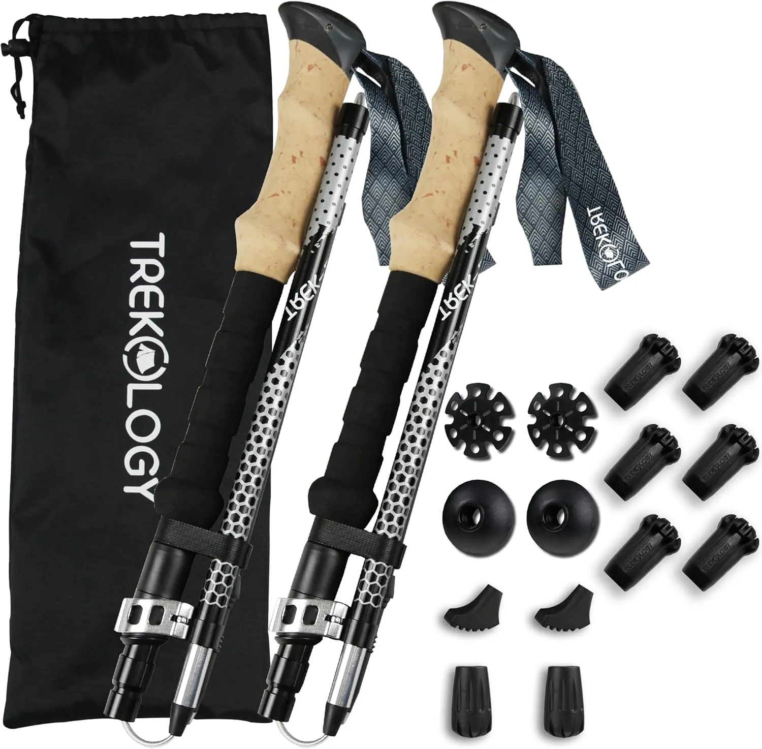 TREKOLOGY Trek-Z Collapsible Hiking & Trekking Poles -100cm-120cm (Black) Adjustable Length - Bundle with 6 pcs of Rubber Pole Tip - Perfect Set for Hikers, Backpacker - Walking Stick for Camping