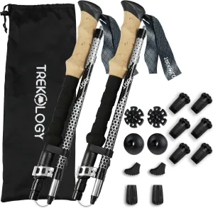 TREKOLOGY Trek-Z Collapsible Hiking & Trekking Poles -100cm-120cm (Black) Adjustable Length - Bundle with 6 pcs of Rubber Pole Tip - Perfect Set for Hikers, Backpacker - Walking Stick for Camping