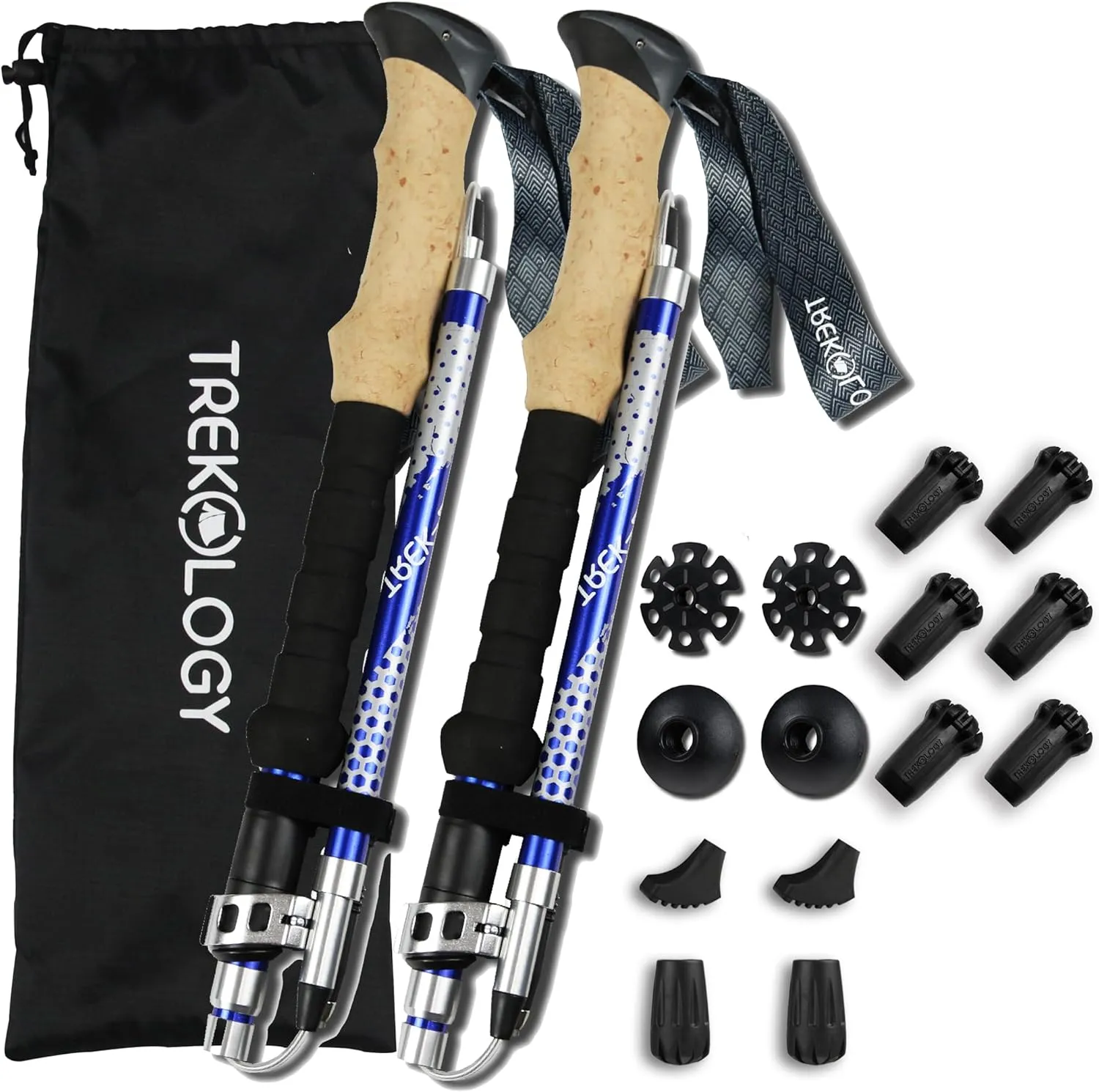 TREKOLOGY Trek-Z Collapsible Hiking & Trekking Poles -100cm-120cm (Blue) Adjustable Length - Bundle with 6 pcs of Rubber Pole Tip - Perfect Set for Hikers, Backpacker - Walking Stick for Camping