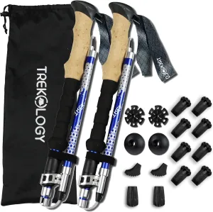 TREKOLOGY Trek-Z Collapsible Hiking & Trekking Poles -100cm-120cm (Blue) Adjustable Length - Bundle with 8 pcs of Rubber Pole Tip - Perfect Set for Hikers, Backpacker - Walking Stick for Camping