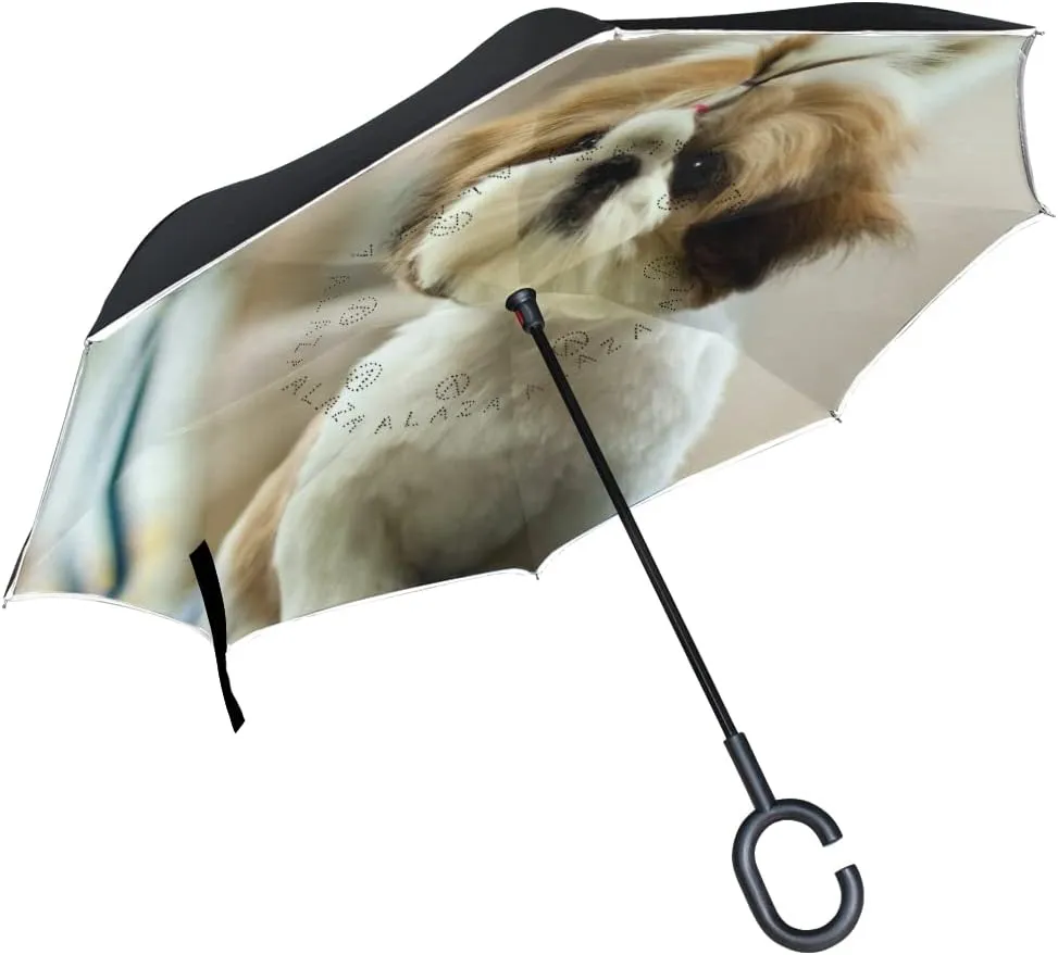 Tricolor Shih Tzu Puppy Reverse Inverted Inside Out Umbrella Cars Unigue Windproof UV Proof Double Layer for Women