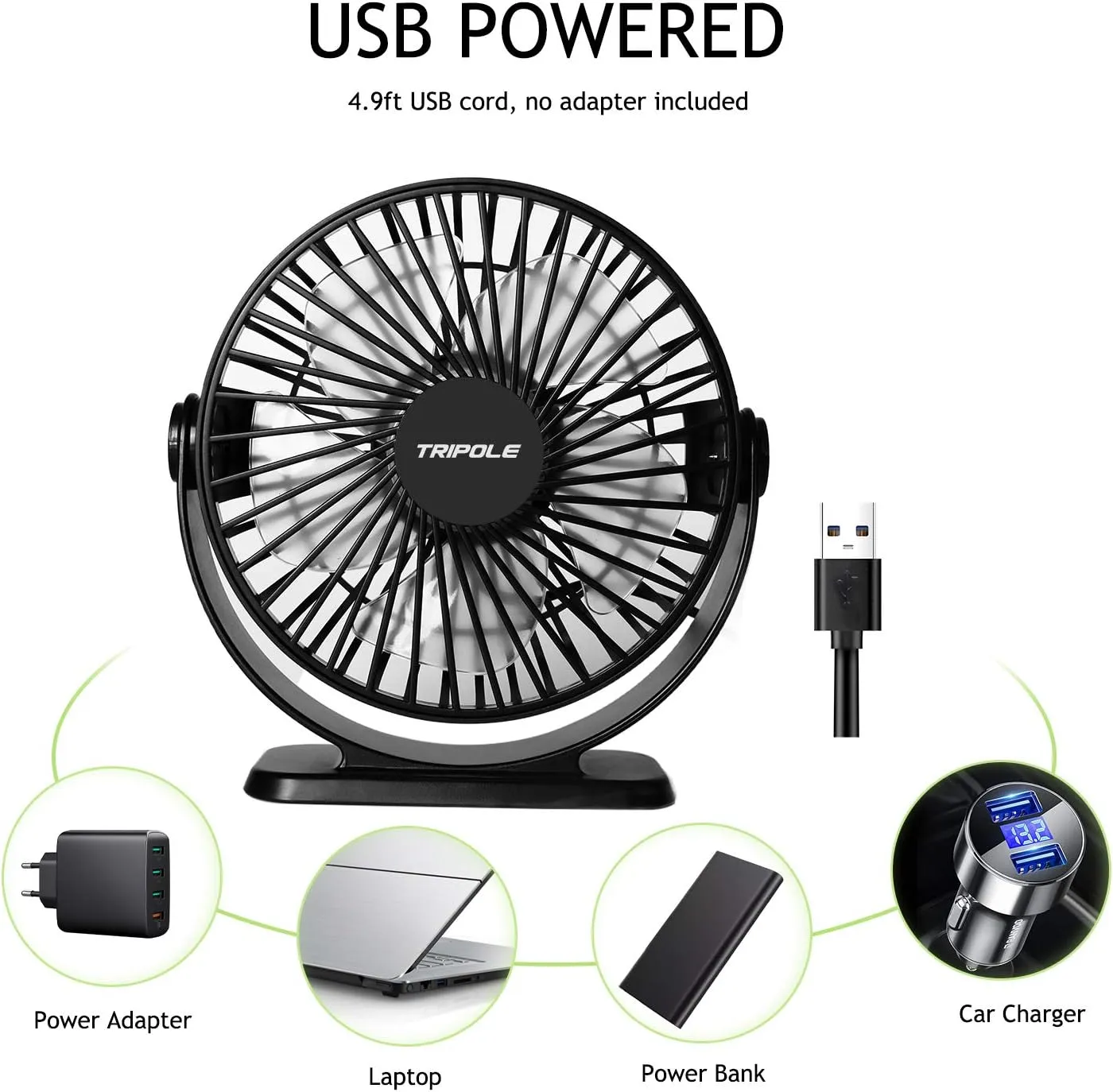 TriPole Desk Fan USB Powered 2 Pack Black Small Portable Fan, 3 Speeds Strong Airflow Mini Fan 360°Rotation Personal Fan 5.1 Inch Table Fan for Home Office Bedroom Desktop Travel, 4.9ft Cable