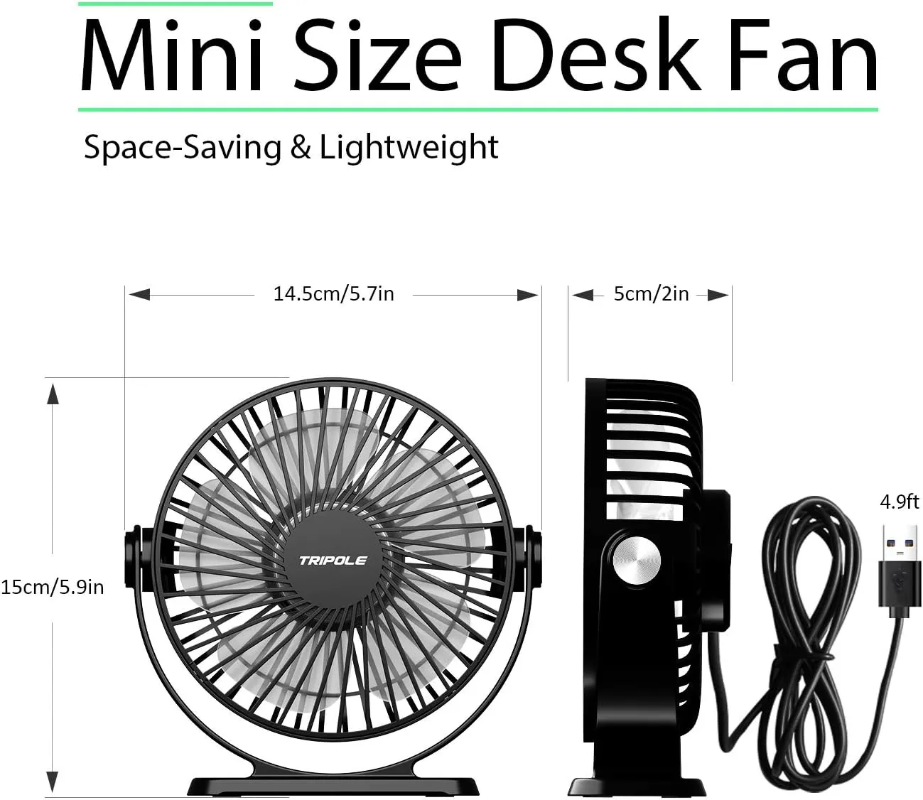 TriPole Desk Fan USB Powered 2 Pack Black Small Portable Fan, 3 Speeds Strong Airflow Mini Fan 360°Rotation Personal Fan 5.1 Inch Table Fan for Home Office Bedroom Desktop Travel, 4.9ft Cable