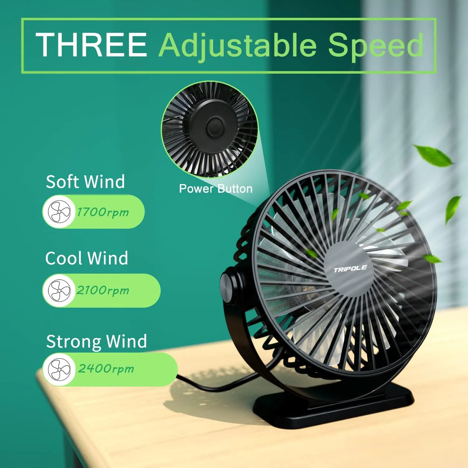 TriPole Desk Fan USB Powered 2 Pack Black Small Portable Fan, 3 Speeds Strong Airflow Mini Fan 360°Rotation Personal Fan 5.1 Inch Table Fan for Home Office Bedroom Desktop Travel, 4.9ft Cable