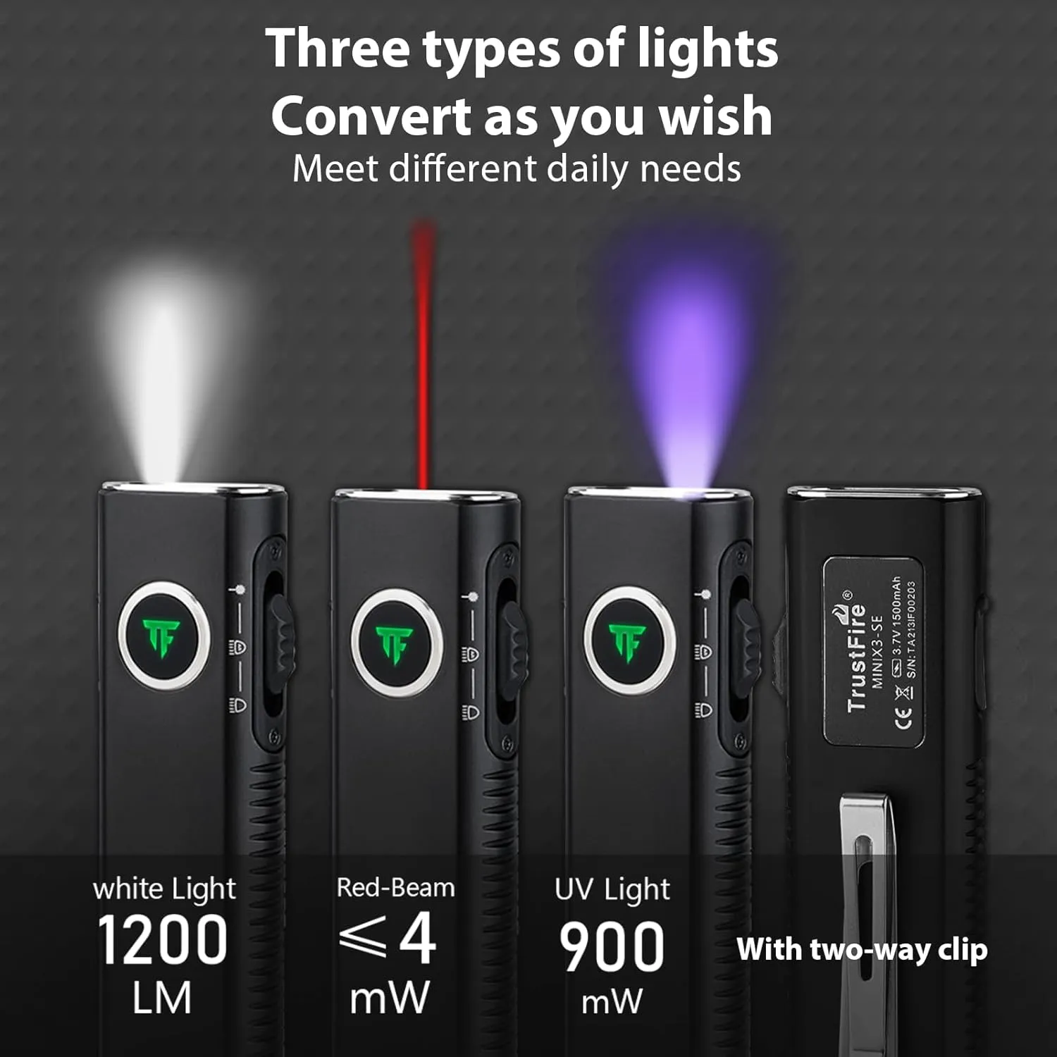 TrustFire Mini X3-SE Rechargeable Flat EDC Flashlight with White Light, UV Light and Red Beam, 1200 Lumens LED Flashlights Combo, Triple Light Sources Pocket Lights IPX6 for Emergency (Black)
