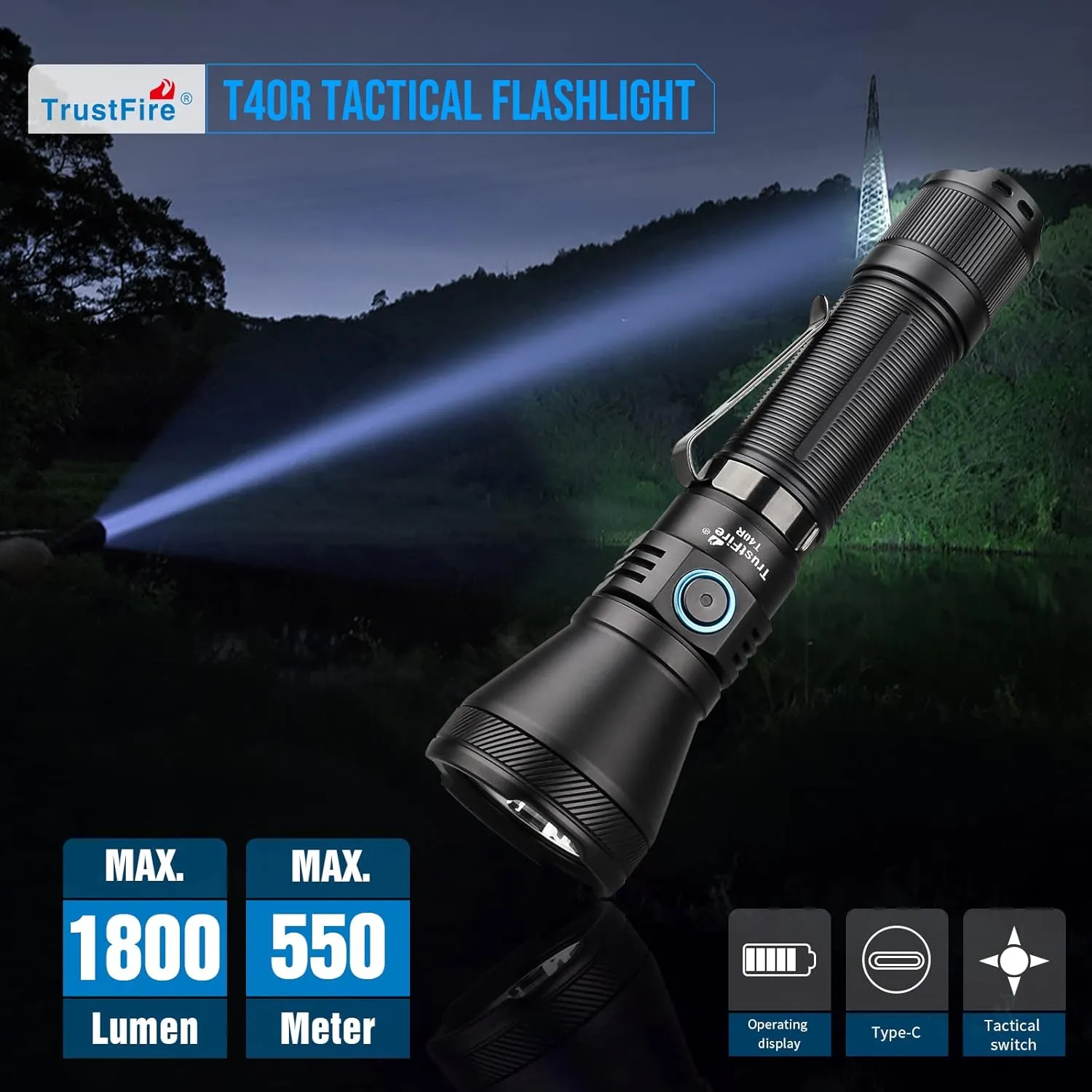 TrustFire T40R Tactical Flashlights, 1800 Lumen Flashlights High Lumens 550 Meter Beam Reach Rechargeable Flashlights Ip68 LED Flashlight 6 Modes Dual Switch Flashlights for Emergencies, EDC, Outdoor