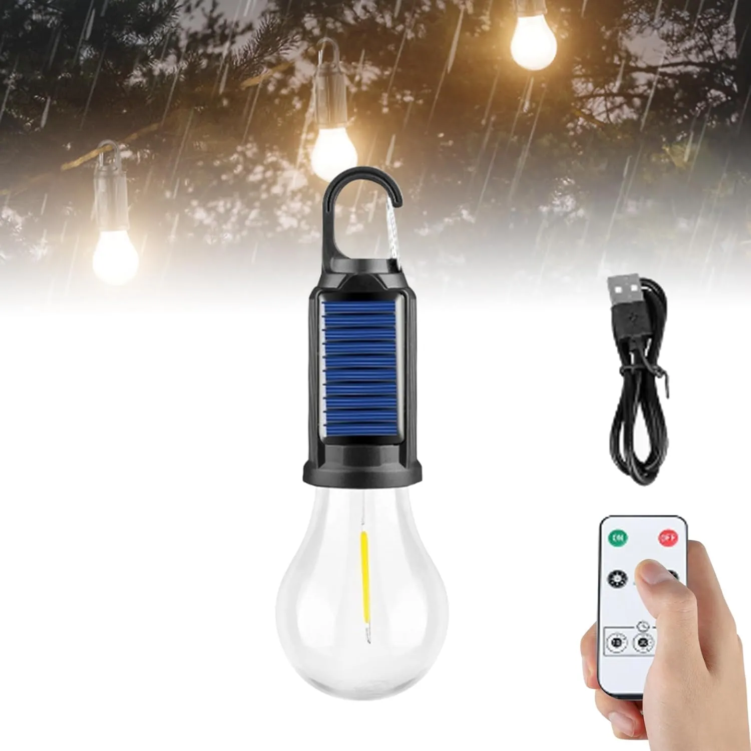 Truthous Solar Camping Light - 2025 New Solar Rechargeable Hooked Camping Light, Hanging Lights Bulb Outdoor Waterproof for Emergencies, Remote Control Three-Level Adjustment (1PCS)