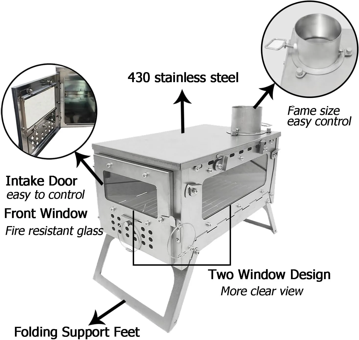 TS06 SECTORWING Camping Wood stove, 430 Stainless Steel Tent Stove Backpacking Foldable with 8.2ft Chimney Pipe for Hot Tent, Cooking, Hunting, Front& One Side Window