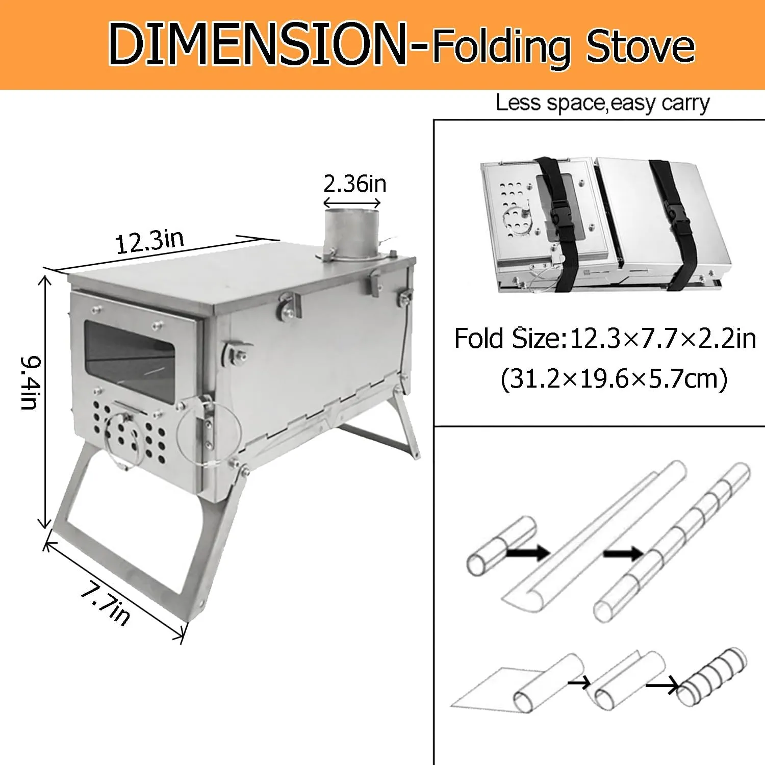 TS06 SECTORWING Camping Wood stove, 430 Stainless Steel Tent Stove Backpacking Foldable with 8.2ft Chimney Pipe for Hot Tent, Cooking, Hunting, Front& One Side Window