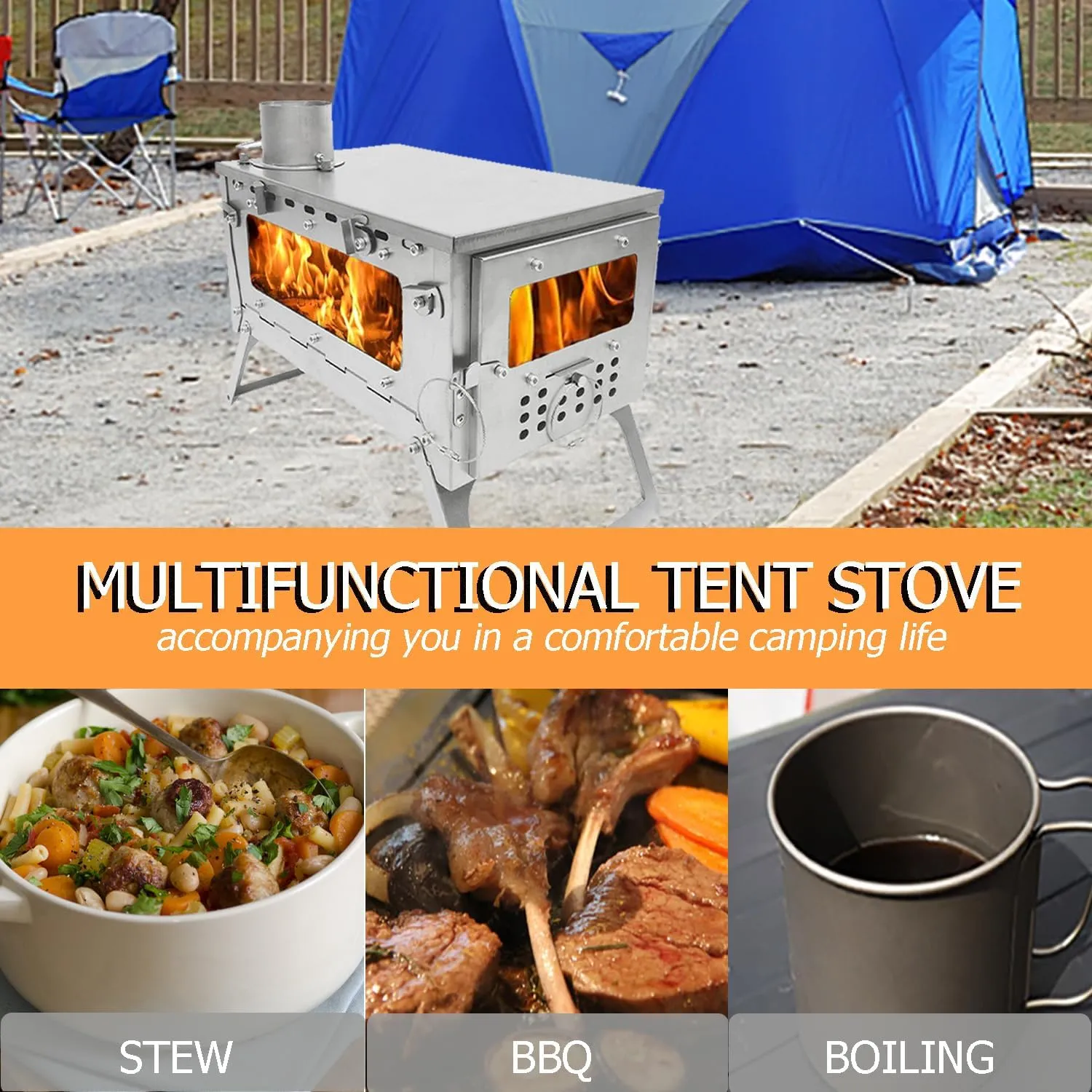 TS06 SECTORWING Camping Wood stove, 430 Stainless Steel Tent Stove Backpacking Foldable with 8.2ft Chimney Pipe for Hot Tent, Cooking, Hunting, Front& One Side Window